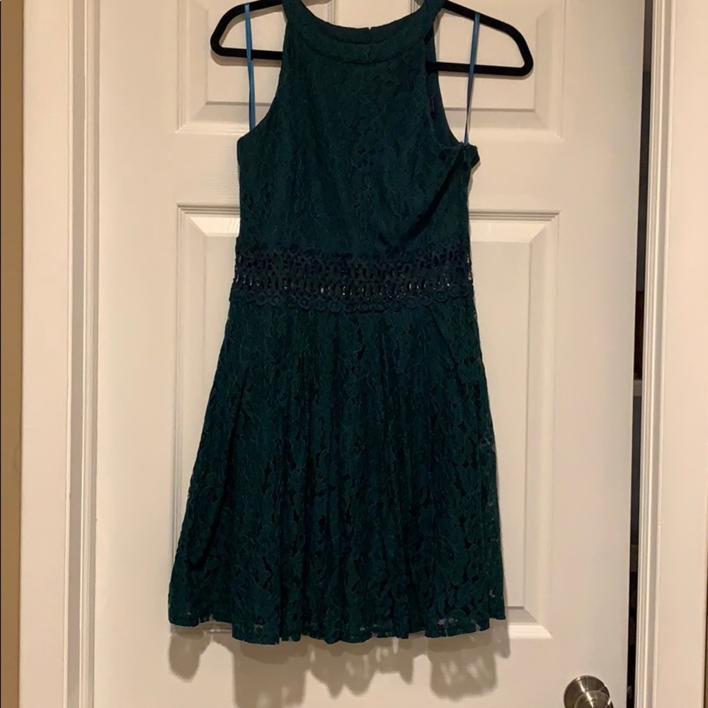 Emerald green mini dress sleeveless lace overlay